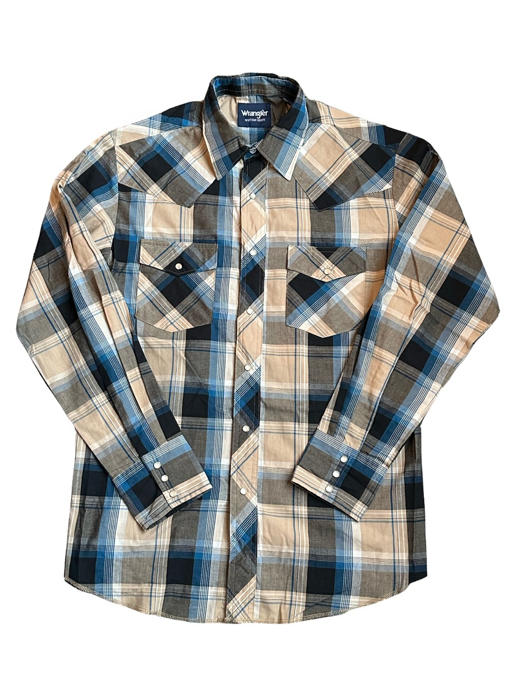 Wrangler Western Pearl Snap Long Sleeve Plaid Shirt Mens Medium Blue Tan Black